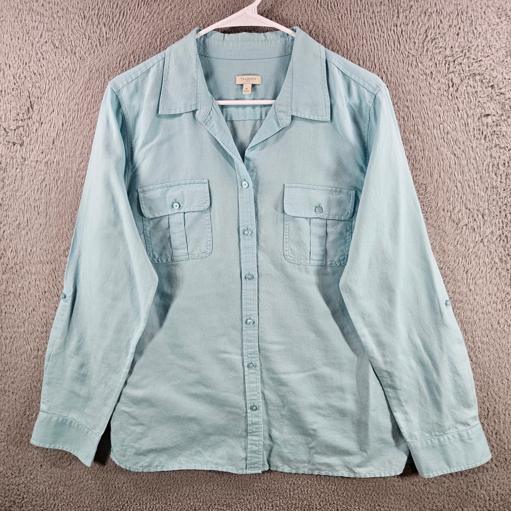 Talbots Womens Linen Cotton Blend Button Down Shirt Light Blue Roll Tab Size M